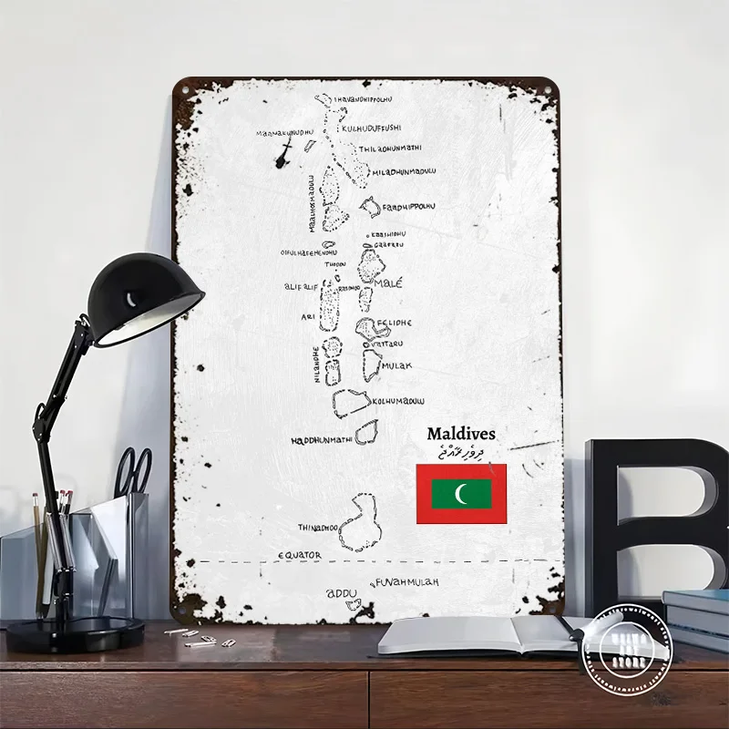 Handdrawn Maldives Map Printed Poster Customized Wall Art Retro Vintage Metal Tin Signs for Home Gaming Decoration Room House