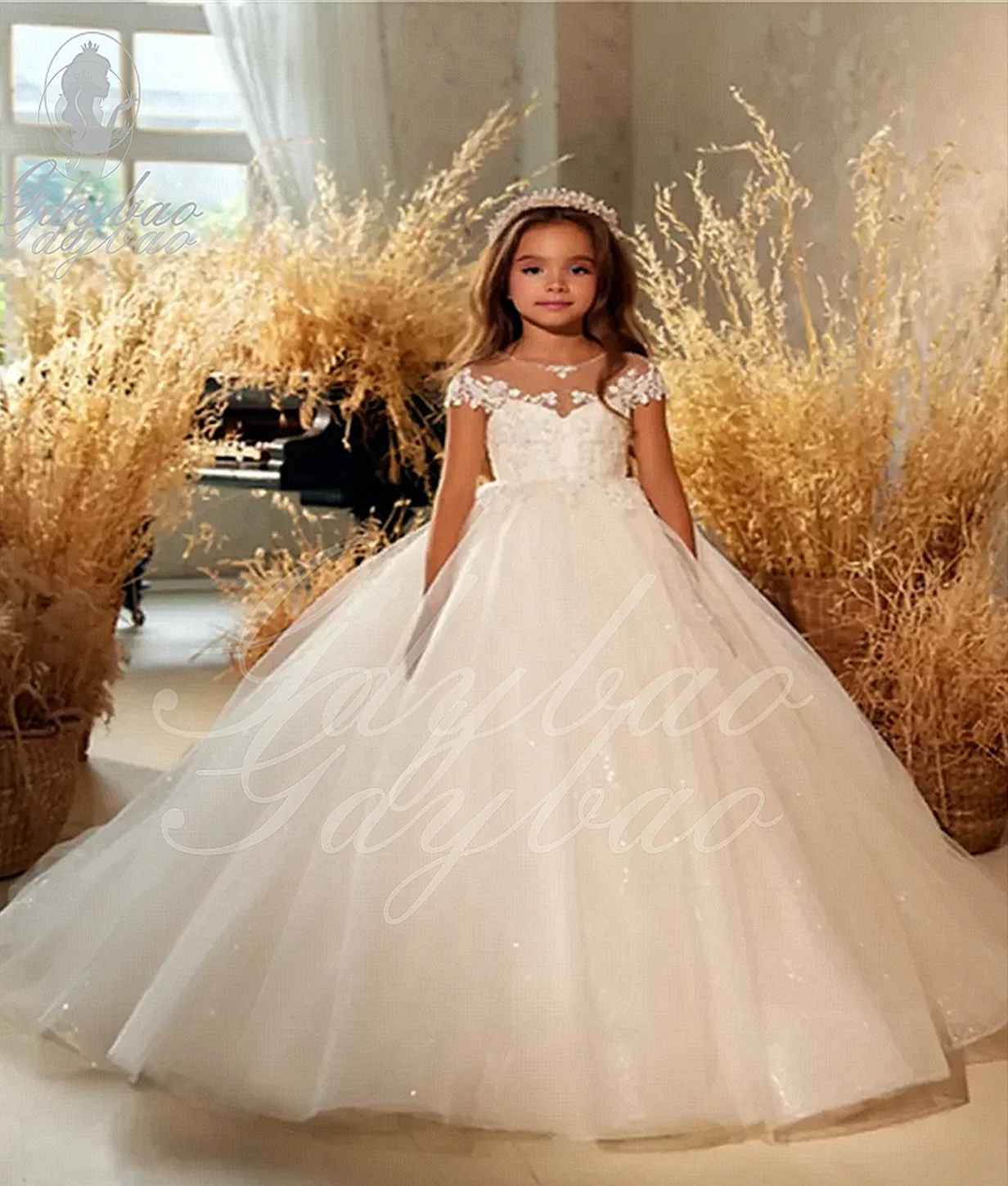 White Tulle Puffy Flower Girl Dress For Wedding Luxury Lace Beaded Floor Length Birthday Party First Communion Gowns