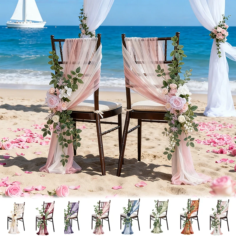 

1/3/5PCS Artificial Flower Chiffon Wedding Chair Back Decor 20x250cm for Party Aisle Church Ceremony Decoration Flores De Boda