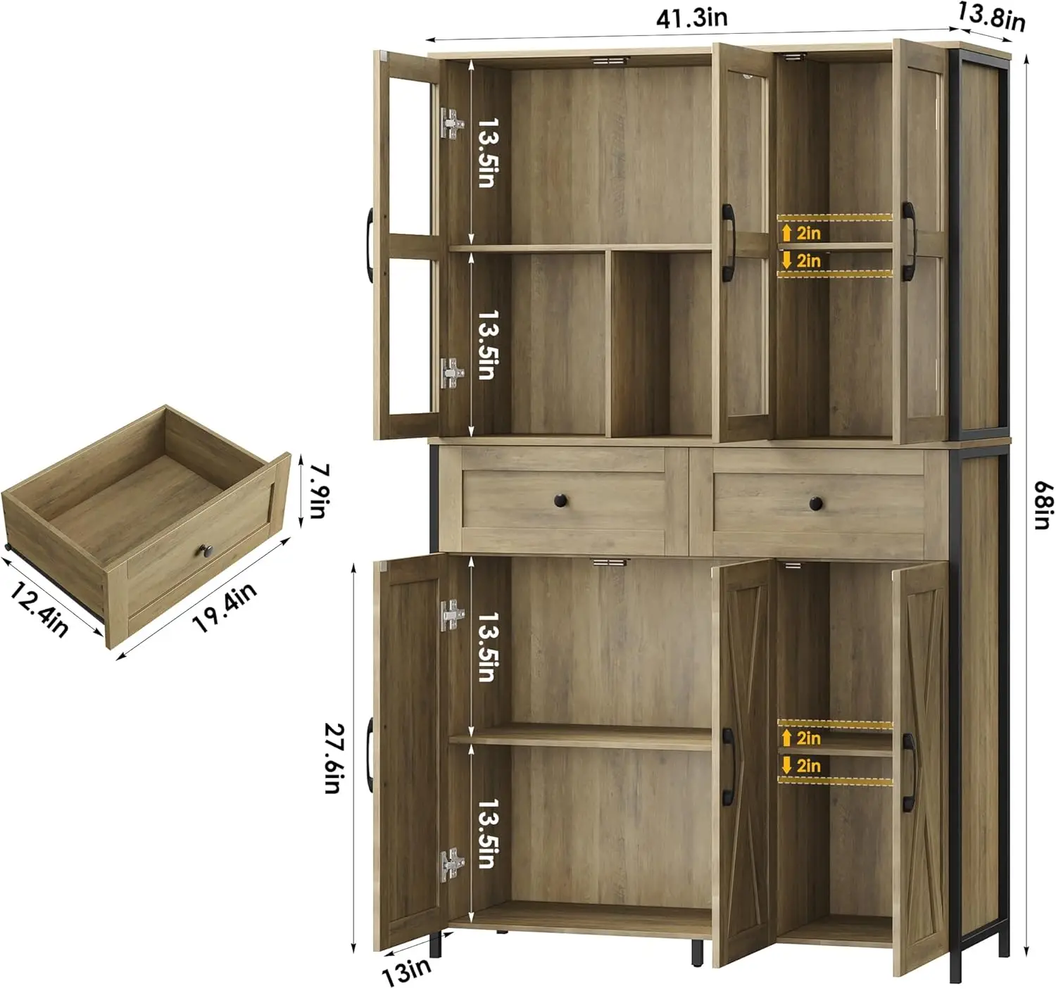 41.3"" W Large Kitchen Pantry Cabinet, Pantry Storage Cabinet In Metal Frame, Bar Cabinet With Clear Glass Door, 2 Drawer &