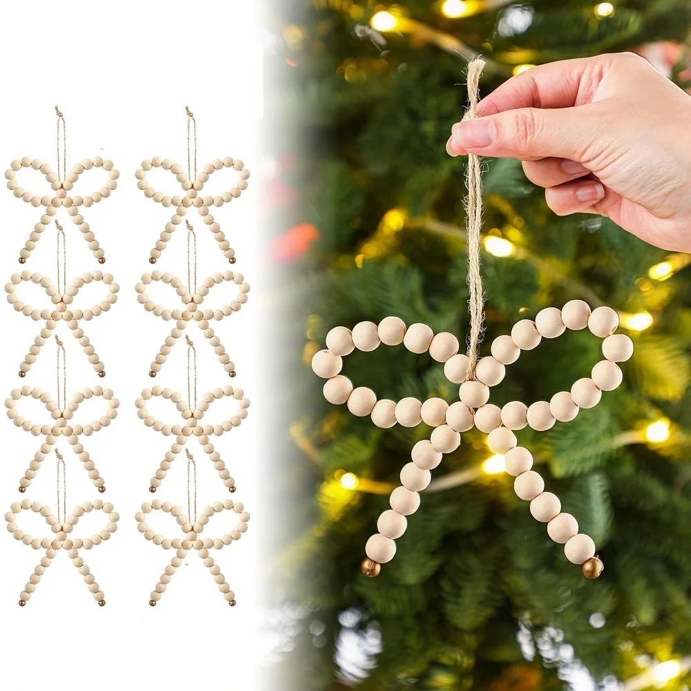 6 قطع من زينة عيد الميلاد لمزرعة بوهو، أقواس خرز خشبية قابلة للتعديل لتزيين الأشجار، زينة عيد الميلاد الحديثة الطبيعية لقضاء العطلات