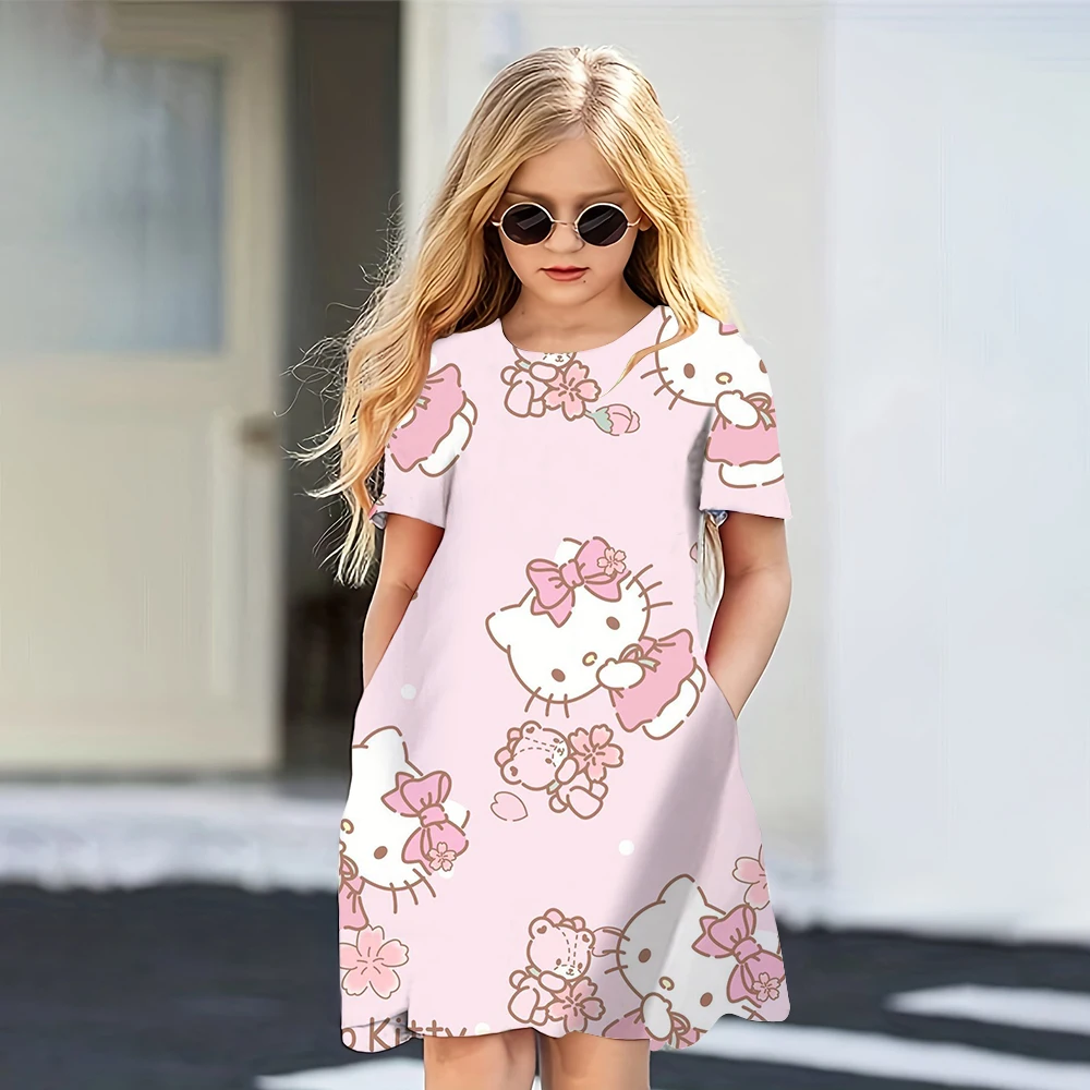 MINISO Summer Girls Dress Round Neck Short Sleeve Sanrio Short Sleeve Dress Lovely Hello Kitty 3D Printing Princess Skirt