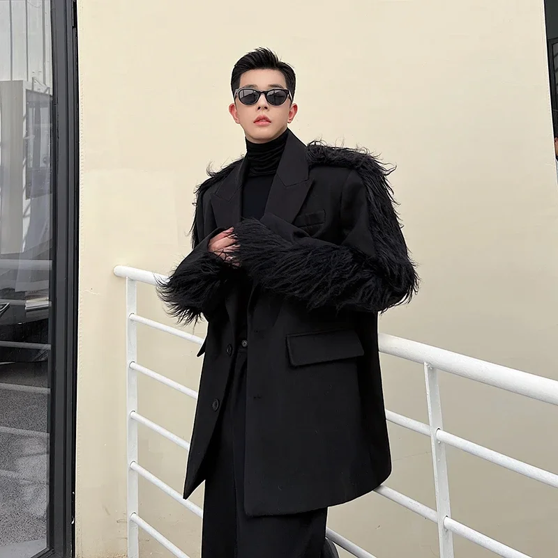 Autumn Winter Blazers Men Net Celebrity Streetwear Fashion Show Stage Clothing Male Dark Long Fur Wool Suit Blazers Jacket Coat