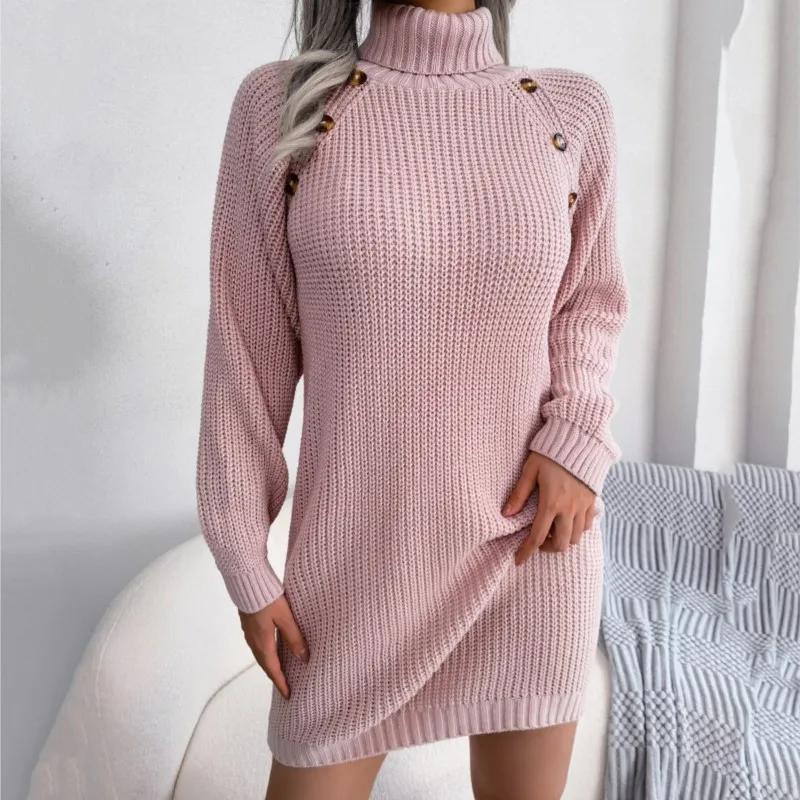 

Женское вязаное платье осенне-зимнее в европейском и американском стиле, повседневное, с пуговицами, высоким воротником, длинными рукавами, базовое платье-свитер