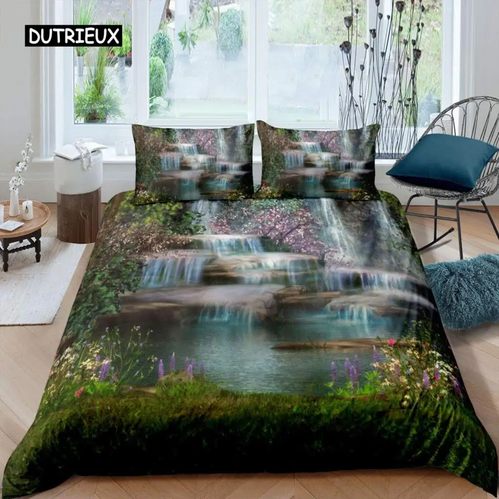 

3D Waterfall Duvet Cover Set King Size Microfiber Botanical Floral Trees Pattern Bedding Set Purple Dream Theme Comforter Cover