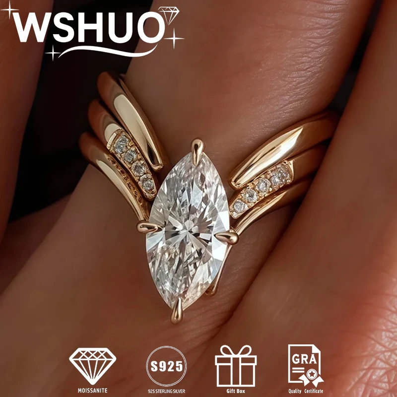 

1-3CT Полный комплект колец с муассанитом и маркизой S925, стерлинговое серебро, пластина из 18-каратного золота для женщин, обручальное кольцо с бриллиантами, ювелирные изделия, подарок