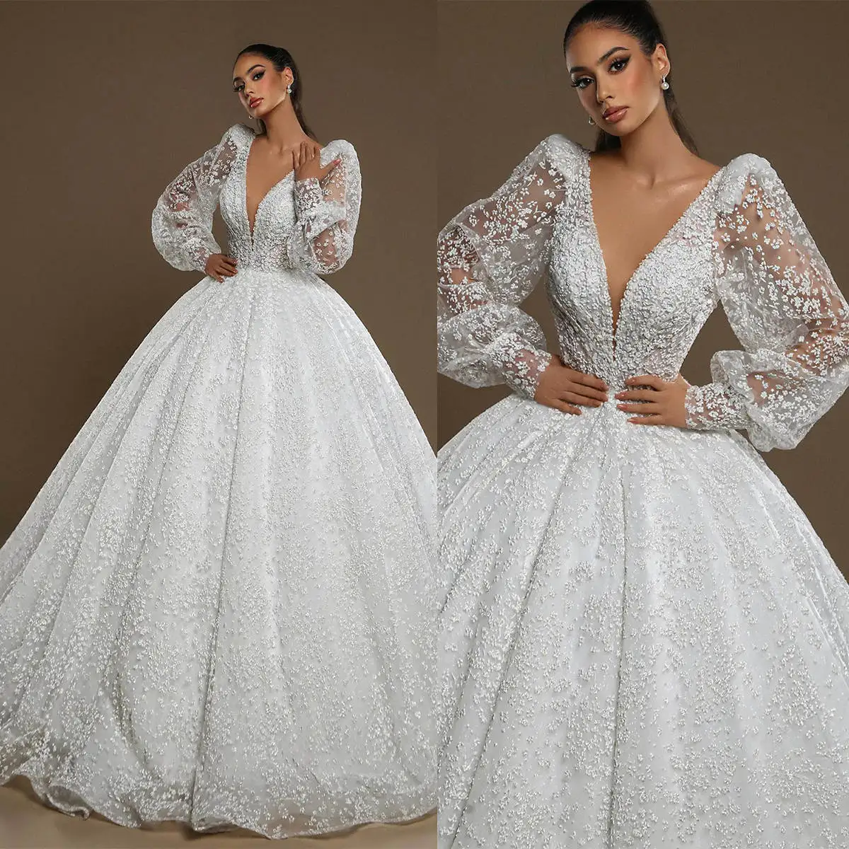 

Luxury Ball Gowns Appliques V Neck Long Puff Sleeve Wedding Dress Puffy Sweep Train Tulle Bridal Dresses Custom Made