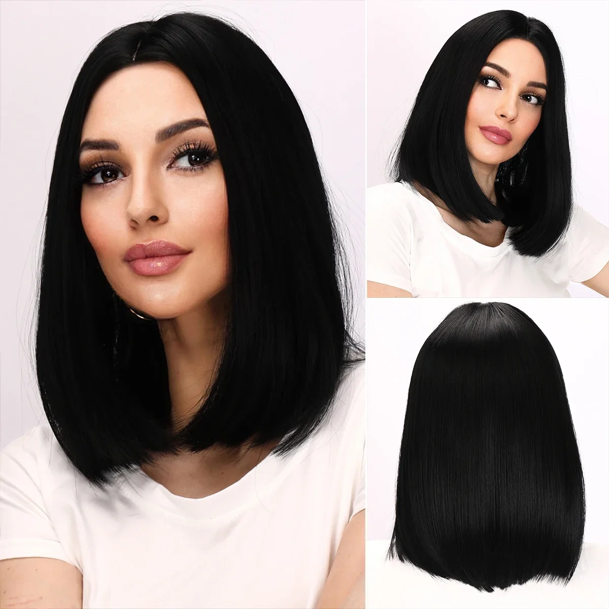 

Black Short Straight Natural Hairline Hair For Women Middle Part Bob Daily Cosplay Heat Resistant Synthetic Wigs