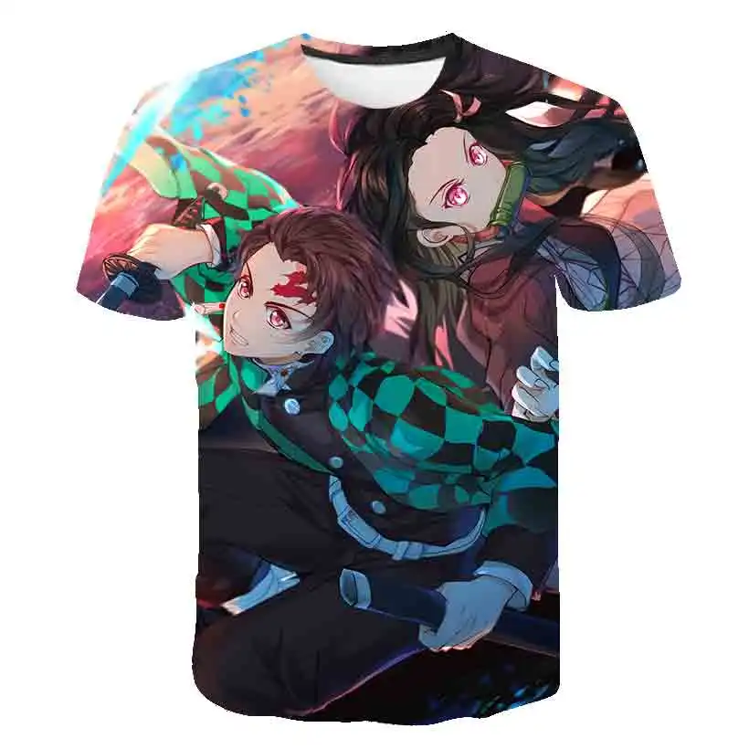 Kaus anak-anak Musim Panas Demon Slayer t-shirt gambar kartun kasual 3D atasan kaus kerah bundar kaus atasan lengan pendek anak-anak