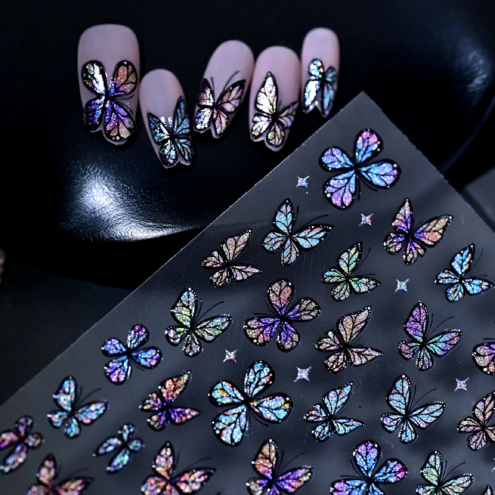 1 Stück 5D Traumhafte Laser-Glitzer-Schmetterling-Nagelaufkleber Glänzende Holographische Blaue Schmetterling-Nagelsticker Selbstklebende Maniküre-Zubehör – Detail 6