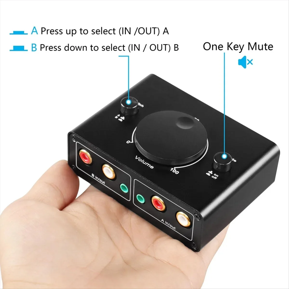 KEBIDUMEI Przełącznik audio stereo 3,5 mm RCA dwukierunkowy 1 wejście 2 wyjścia lub 2 wejścia 1 wyjście, przełącznik audio 3,5 mm 2RCA z przyciskiem wyciszenia — zdjęcie produktu 4