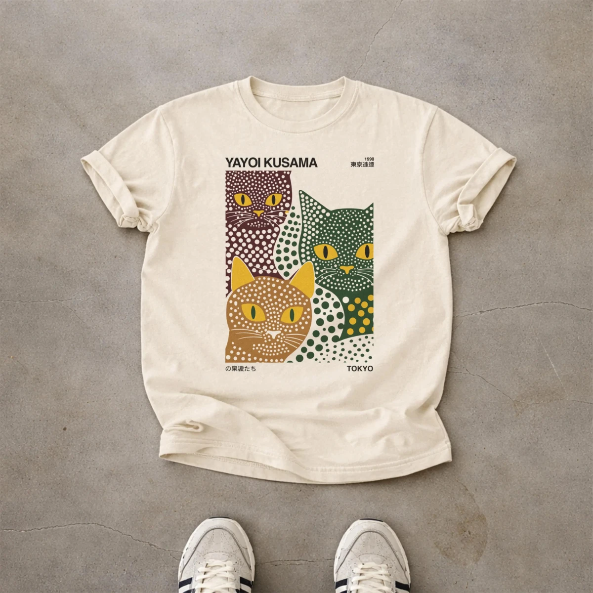 Yayoi Kusama-style T-shirt | Polka Dot Cat, Minimalist Art Poster Style, Japanese Art T-shirt