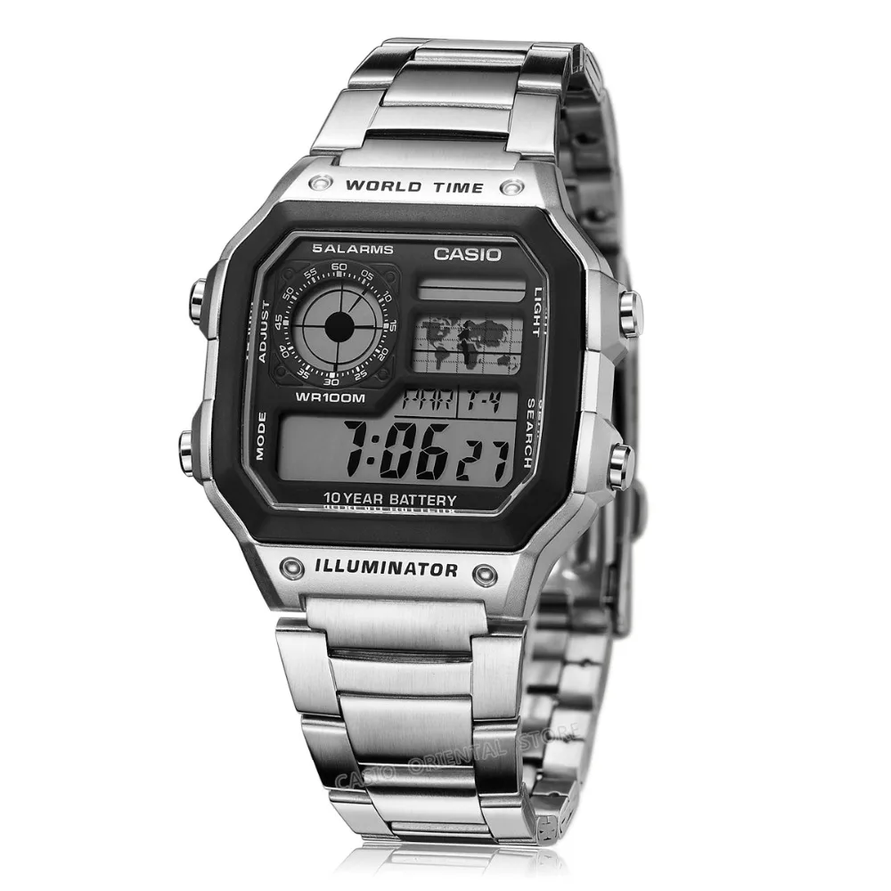 Casio Serie AE1200WH |   Reloj Digital para Hombre |   100M WR |   Alarmas Múltiples |   Cronómetro de 100 segundos |   Temporizador de Cuenta Regresiva |   Mapa del mundo para el mundo
