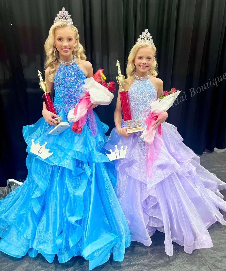 Liliowa sukienka dziewczęca na wybory Miss Halter cekinowa suknia balowa z organzy urodzinowa suknia imprezowa, koktajlowa dla nastolatków Junior Miss galowa zwyczaj