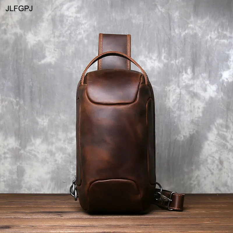 

Retro Crazy Horse Leather Men's Crossbody Bag Head Layer Cow Leather Oval Multi functional Simple Phone Bag Chest Bag JLFGPJ