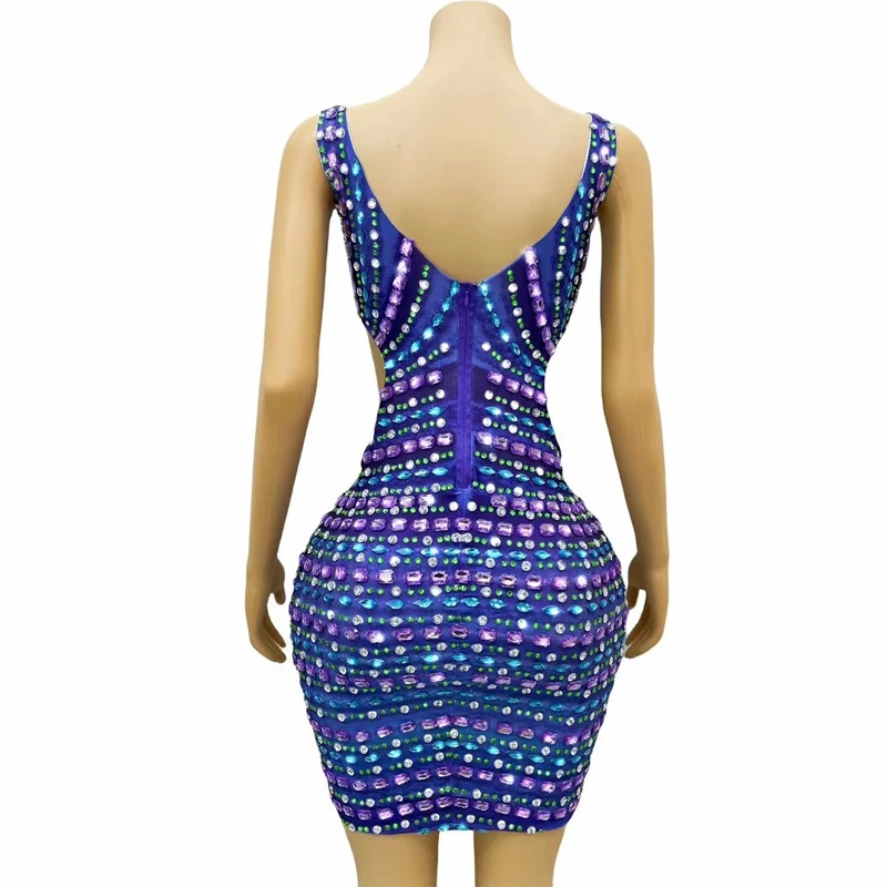 カラフルなラインストーンイブニングドレス衣装女性の誕生日祝う衣装ジャズダンスドレスステージパフォーマンス衣装 XS8130