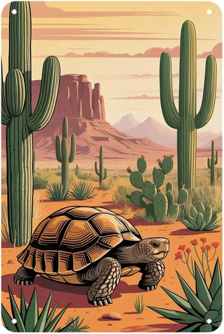 Desert Tortoise and Cactus Tin Sign Southwest Landscape Vintage Metal Signs Wall Decor for Kitchen Bar Cafe Bedroom Home Patio O