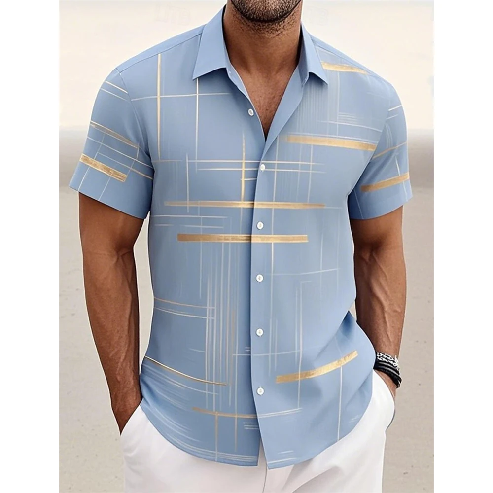 Men's Geometric Plaid Button Shirt Casual Fashion Outdoor Vacation Street Trend Turndown Shirt 3D Printed Short Sleeve Shirts