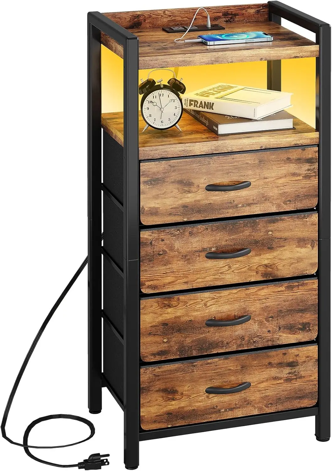 

Rustic Brown Nightstand with Charger Station, LED Light, 4 Fabric Drawers, Tall Bedside Table
