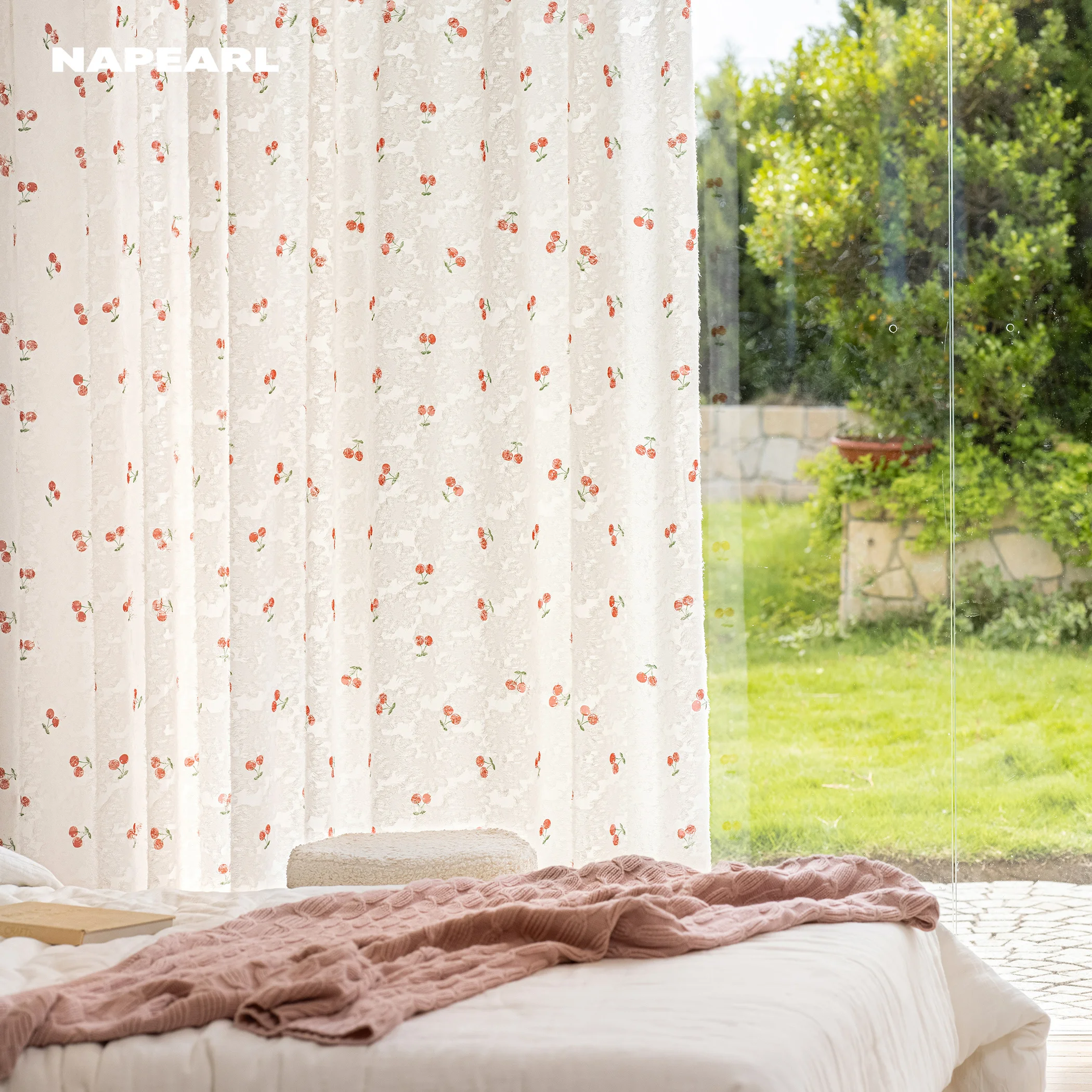 Cherry Jacquard Sheer Curtain for Bedroom Living Room Semi‑Transparent Light Filtering Window Drapes Romantic Home Decor