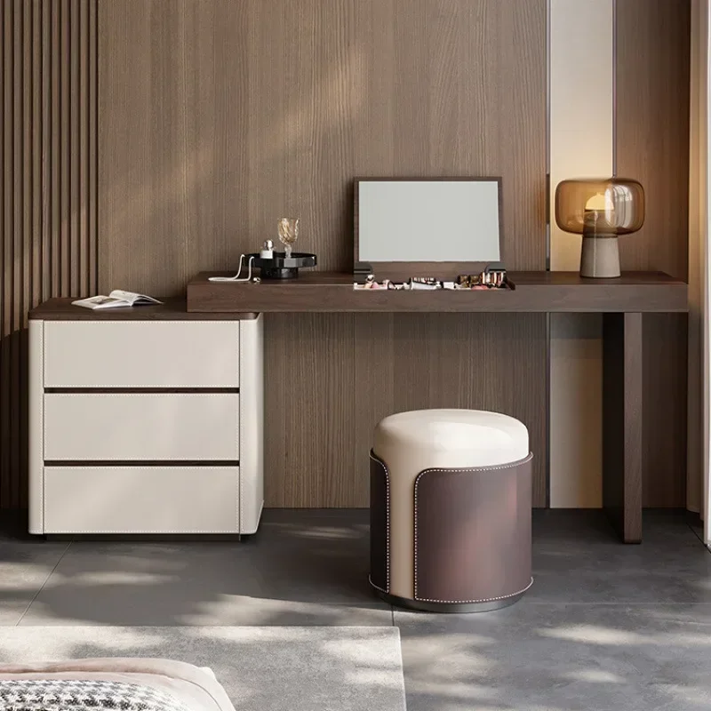 All solid wood home dresser dressing table master bedroom saddle leather veneer flip mirror practical high-end desk dresser