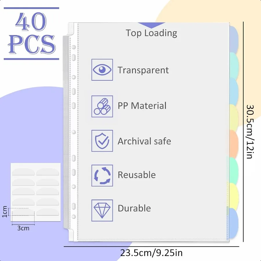 5 مجموعات من 40 عبوة من فواصل مؤشر الأكمام البلاستيكية مقاس A4 فواصل الجيب لـ 2 3 4 حلقات الموثق مع 8 علامات تبويب أوراق بلاستيكية شفافة