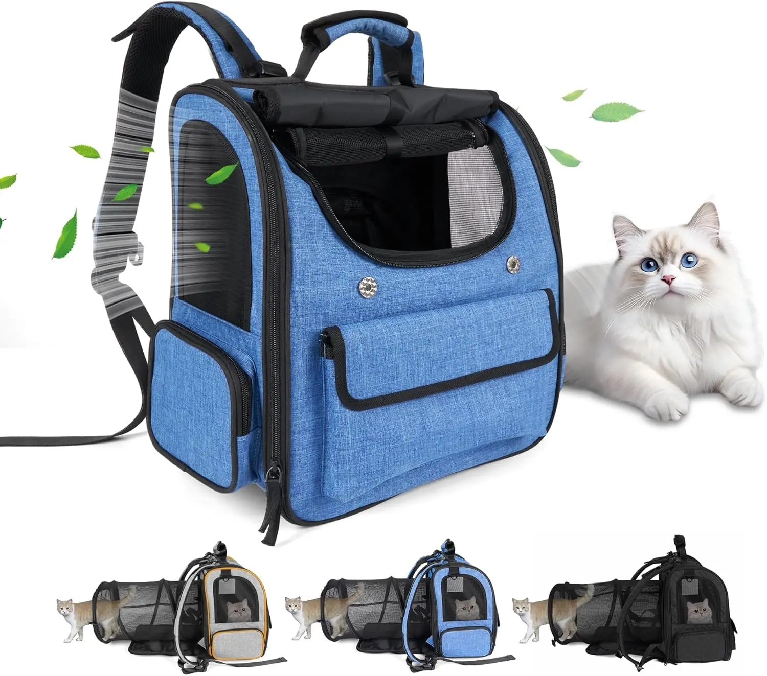 

Расширяемый рюкзак для кошек для больших кошек и маленьких собак, складная переноска для путешествий до 15 фунтов синего цвета