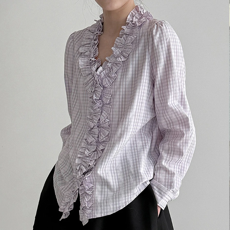 

Women Shirt Plaid Blouses Lettuce Edge Long Sleeves V Neck Coverd Button None Strech Loose Fit Casual Office Lady 2026 Spring