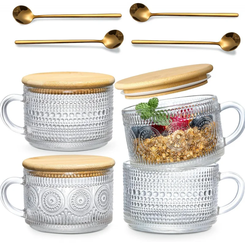 

The Style-Meets-Health Set: 4 Vintage Glass Mugs with Lids for Perfect Overnight Oats & Iced Coffee - Includes Bamboo Spoons