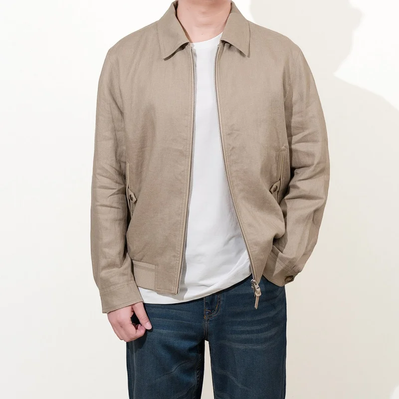 26 Spring and Autumn Natural Pure Linen Breathable Inner Solid Color Zipper Collar Jacket for Men