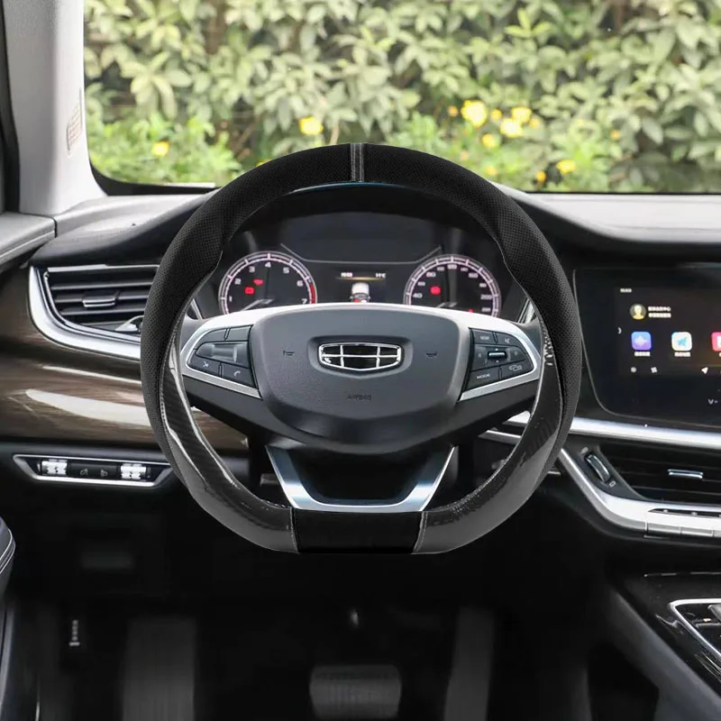 Чехол на руль из кожи и карбона 38 см для Geely Cool Rui, Emgrand EC7, Benre, Tugela, GX3, Atlas, X7, GC9, Boyue, Borui, NL3