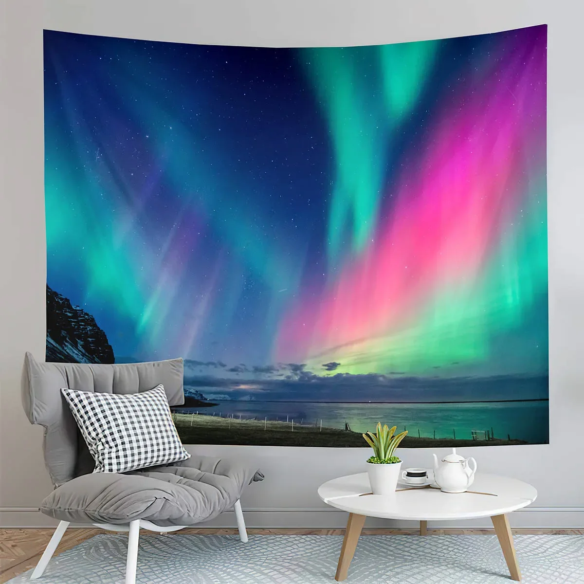 Northern Lights Tapestry Mountain and Sea  Natural Landscape  Living Room Bedroom