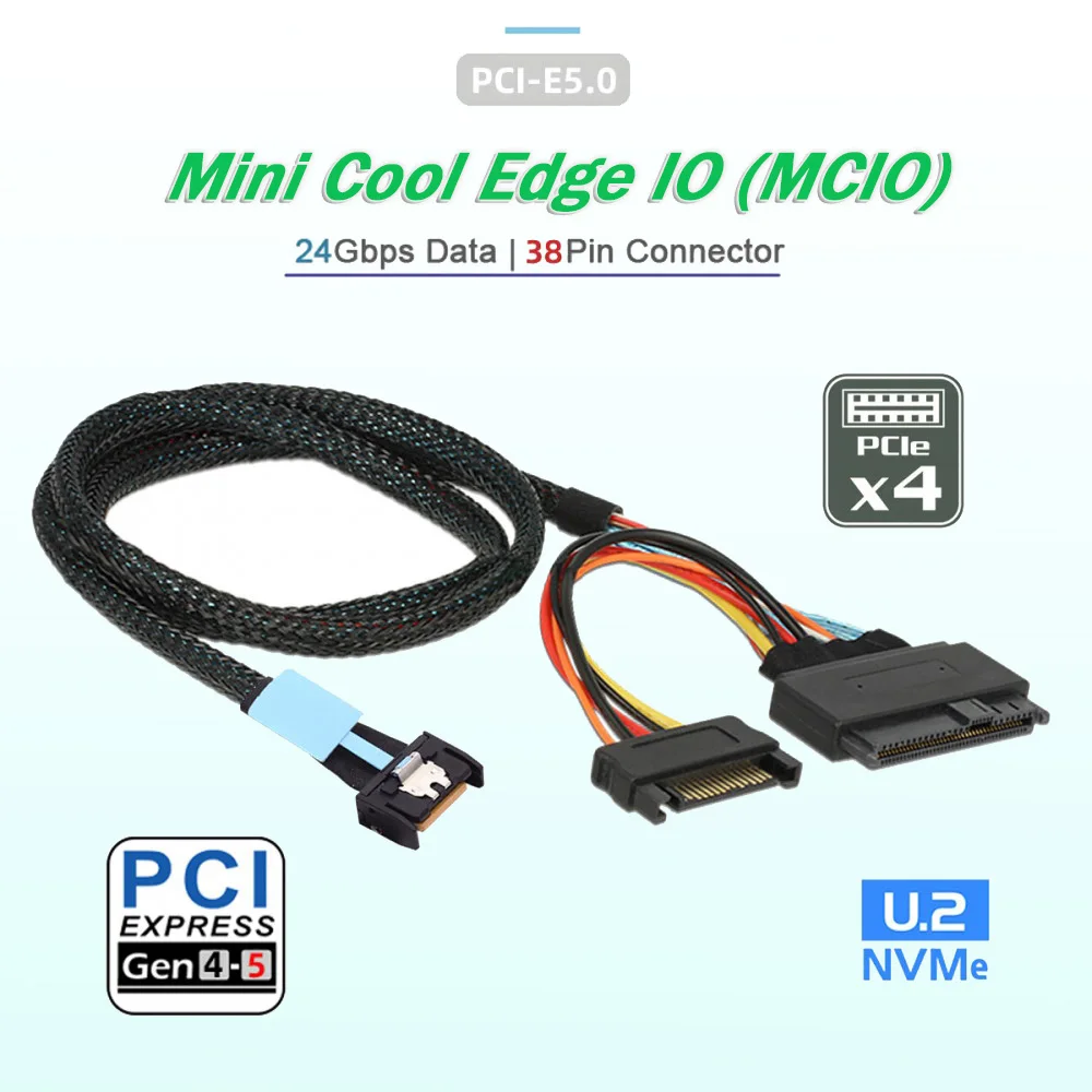 PCI-E Gen5 MCIO 4X 38Pin To SFF-8639 U.2 SSD Adapter Cable with SATA Power Supply 4l To SAS8639 U.2 with 15P SATA Power Cord