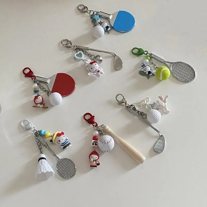 Creative Badminton Racket Sanrio Hellokitty Keychain Sport Series Baseball Strawberry Resin Girl Heart Sunshine Accessories Gift