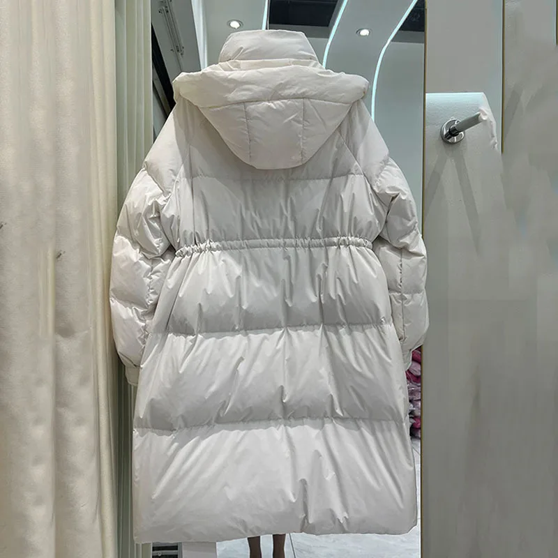 2023 Winter Long White duck down jacket High street Solid Thick warm Female Loose Coat White belt Ladies Outerwear