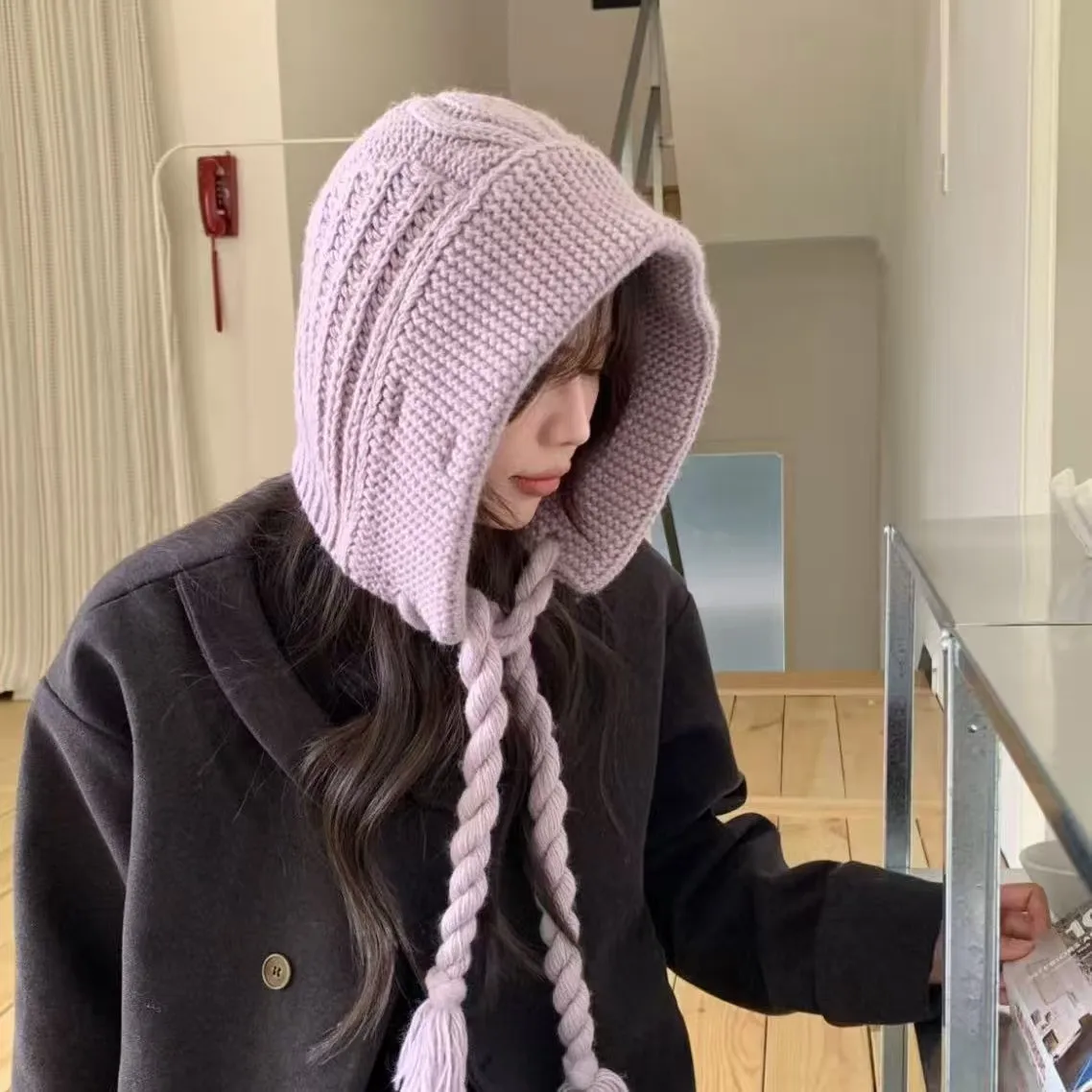 

Winter Balaclava Hats For Men&Women Unisex Knitted Hooded Caps Outdoor Warmer Drawstring Hats One-Piece Neck Collar Beanies Cap
