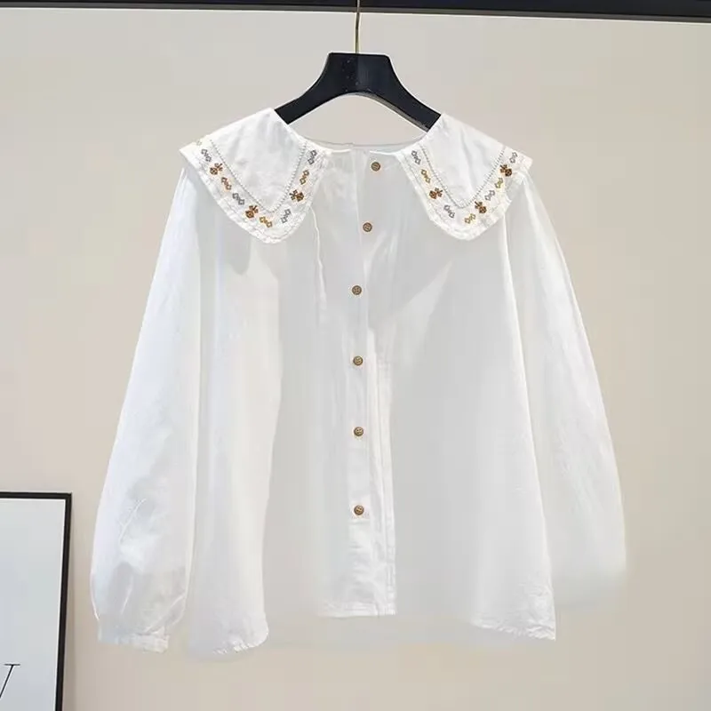 Sweet Embroidery Blouse Women Spring Summer Peter pan Collar Long Sleeve Elegant Tops Shirts Blusas Mujer