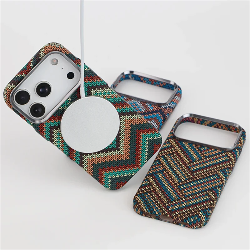 Etui na telefon z teksturą włókna węglowego, wzór tkany, do iPhone 17 16 15 14 13 Pro Max 17air, kompatybilne z ładowaniem bezprzewodowym Magsafe, ze stopu, z osłoną obiektywu. — zdjęcie produktu 4