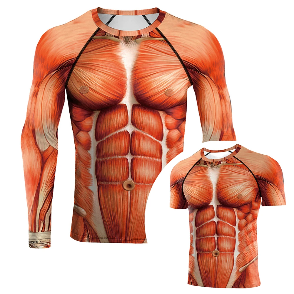 Halloween Muscle Body 3D Printed Men\'s T-shirt Fashion Muscle Printing Man Long Sleeve Top Body T Shirt Tee