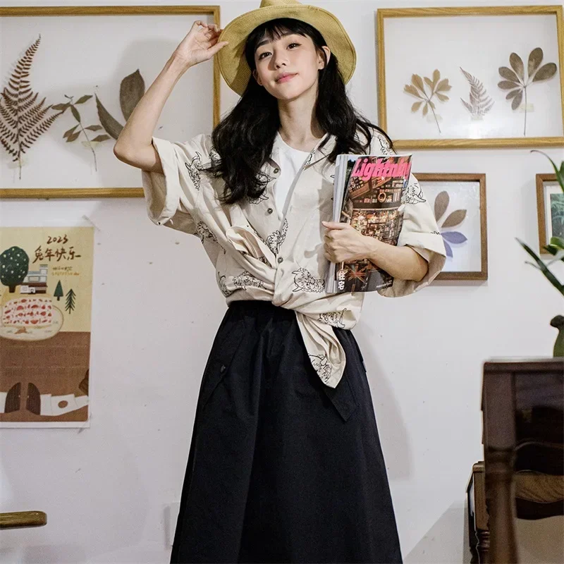 Maden Women's Cotton Short Sleeve Shirt Loose Fit Turn Down Collar Japanese Print Summer Basic Top With Linen Like Texture