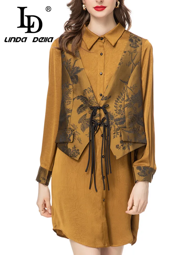 

LD LINDA DELLA 2024 Autumn New Style Cheap Casual Dress Women's Lapel Single-breasted Splice Frenum Print Loose Travel Dresse