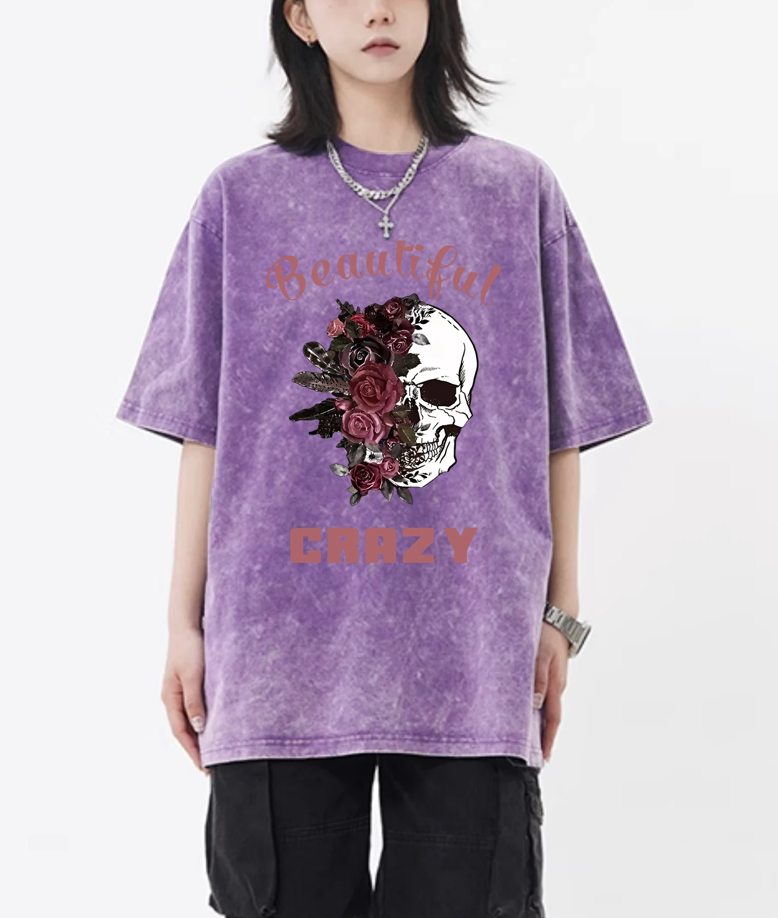 Beautiful Crazy Skull And Flowers Printed Snow Wash Womens T Shirt Cotton Cool Tee Shirts Unisex  Washed Short Sleeve Female image 2