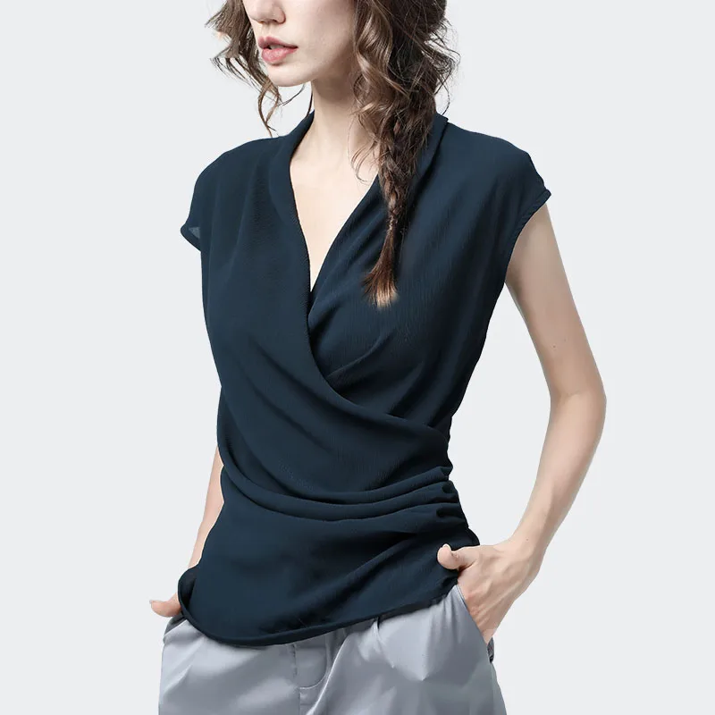 Women\' Wrinkle-free Chiffon Blouse V-neck Short Sleeve Summer Tops Solid Color Casual Office Ladies Sleeveless Shirt