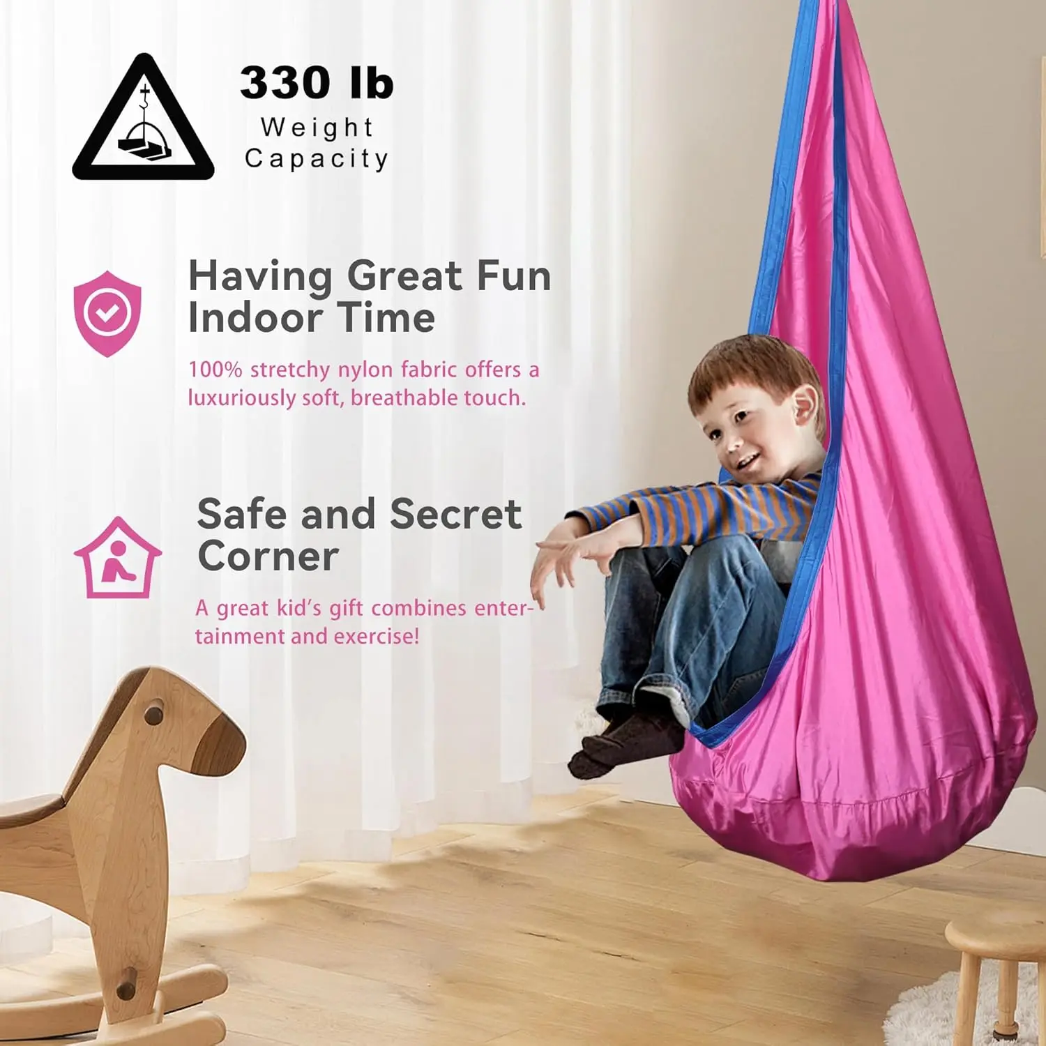 Kid Pod Swing Seat Hanging Chair Hanging Hammock Chair with Air Cushion Adjustable Rope and Carabiner for Kids Indoor Outdoor