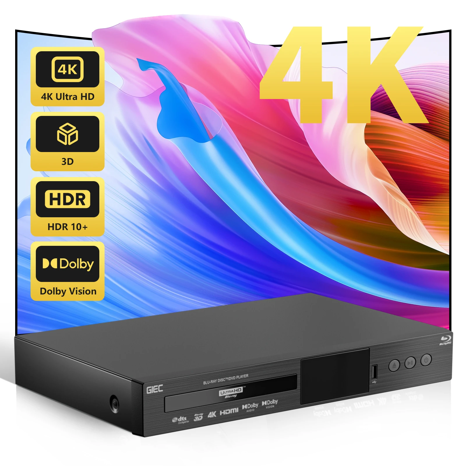 GIEC G5300 4KUHD Blu ray Player DVD/VCD/CD Player Supports Dolby Vision Dolby Panoramic Sound USB Play Hard Drive Play