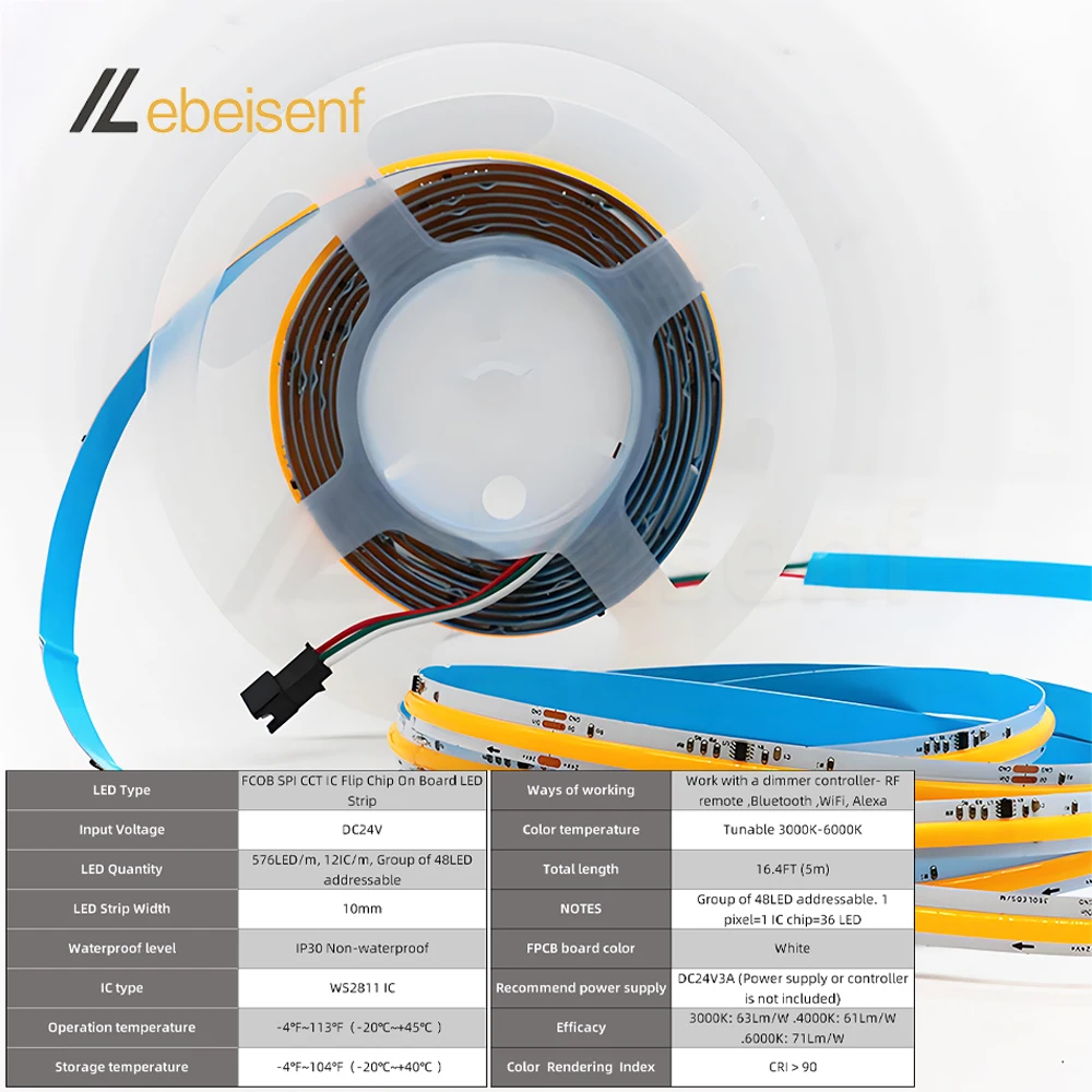 RA90 FCOB SPI CCT IC LED Light Strip WS2811 แอดเดรส 576 LEDs 2700K ถึง 6500K 10 มม.DC24V ยืดหยุ่น FOB ความหนาแน่นสูง COB ไฟ