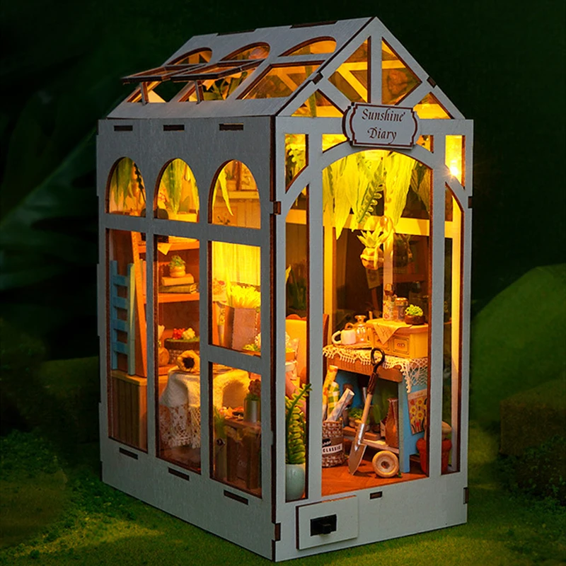 Kit Model Miniatur Kayu DIY Book Nook Sunshine Diary Bookend Puzzle 3D dengan Lampu LED Rak Buku untuk Hadiah Ulang Tahun Teman