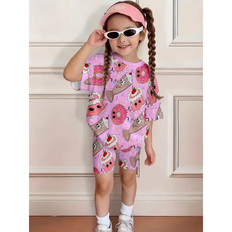 Cute Donut Dessert Print Casual Two-piece Set Summer Short-sleeve T-shirt and Shorts Suitable for Birthday Gifts and Casual Wear