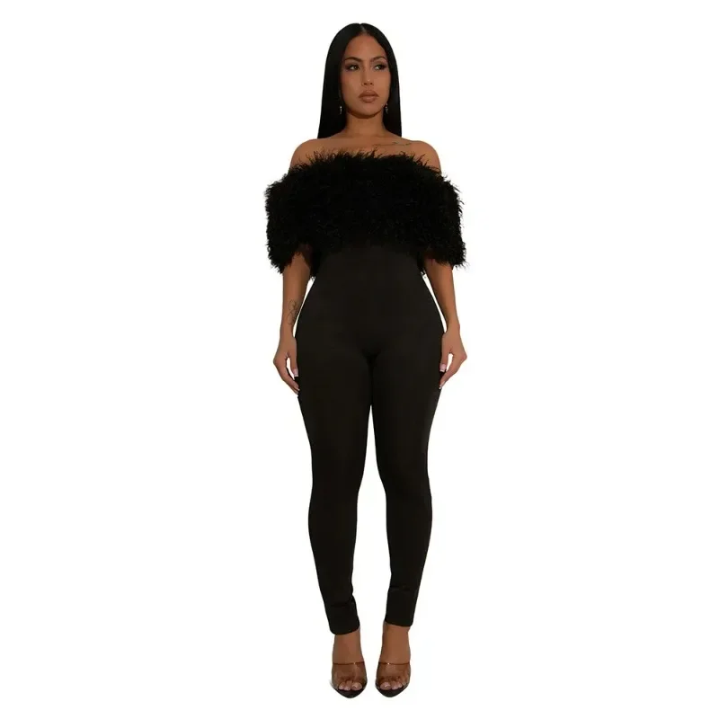 

Short Sleeve Women Feather Slash Neck Rompers Jumpsuits 2025 Summer Evening Night Club Party One Piece Sexy Outfits