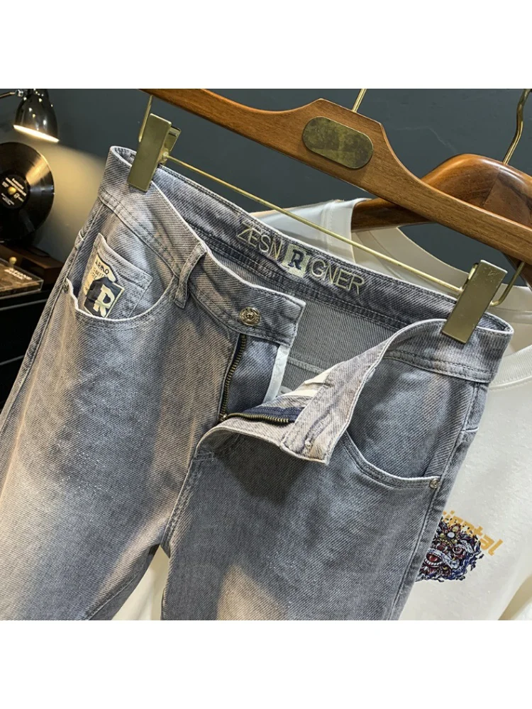 Light-Colored Jeans Men's Embroidered Washed Smoky Gray Casual Pants Fashion Brand Slim Fit Straight All-Matching Trousers